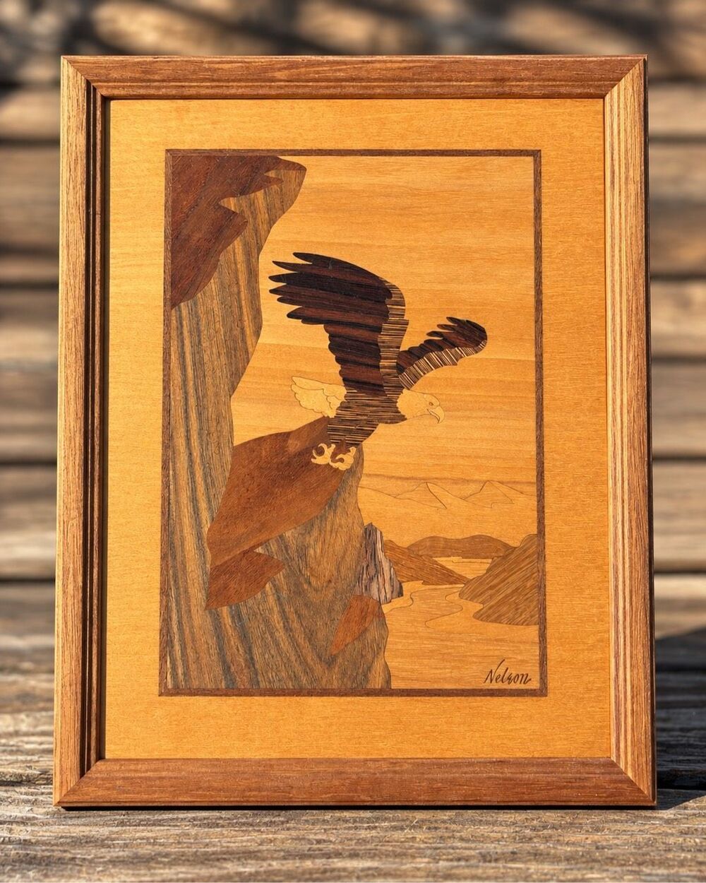 Hudson River Inlay Nelson Signed Eagle Marquetry Wood Wall Art Rustic Lodge 12.5
